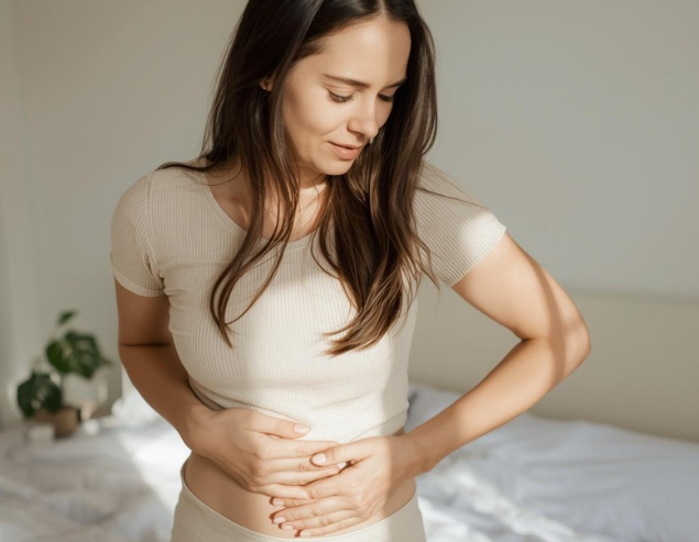 Mujer joven con manos en el abdomen por dolor