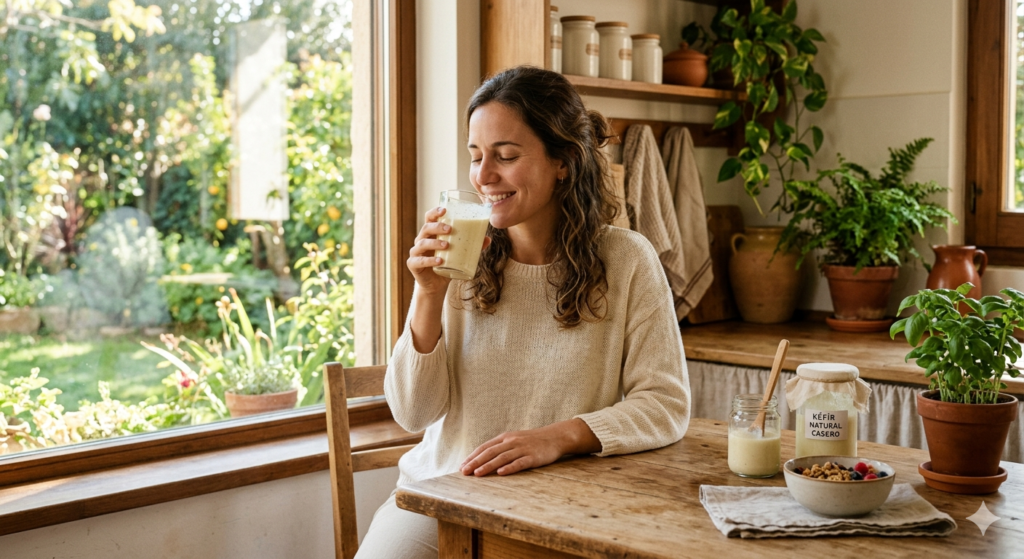 Mujer sonriente tomando un vaso de yogurt de kéfir de leche sentada en la mesa de su comedor.