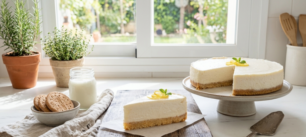 Cheesecake frío de kéfir en torta y pedazo sobre la mesa