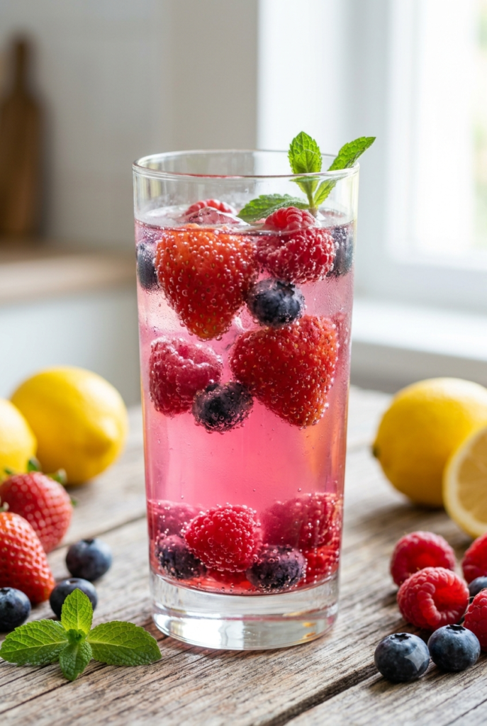 Kéfir de agua con frutos rojos en vaso de vidrio sobre mesa de madera con frutos rojos y limones amarillos encima en una cocina luminosa.
