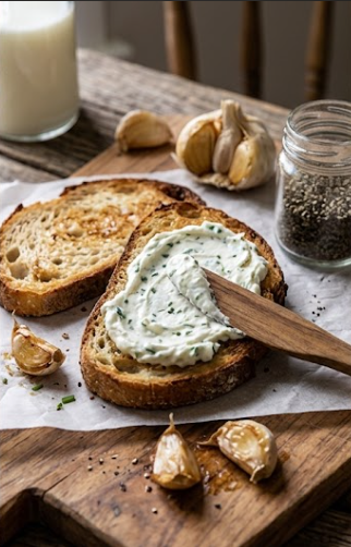 Crema de ajo y Kéfir untado en un pan con paleta de madera sobre una mesa de madeja con ajo y yogur de kéfir.

