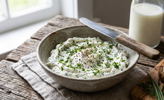 Queso crema de kéfir con hiervas en un bowl con un cuchillo y un vaso de yogur sobre una mesa