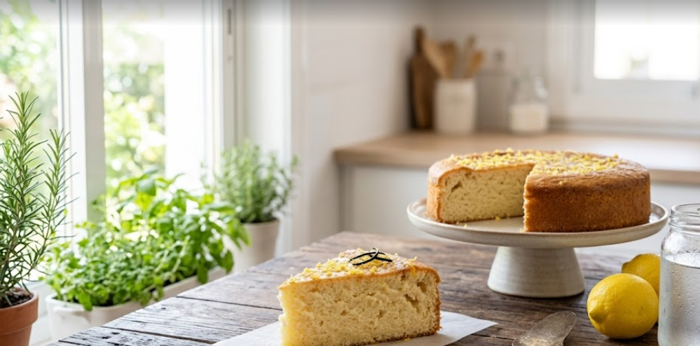 Tarta cremosa de kéfir en torta y en pedazo sobre una mesa