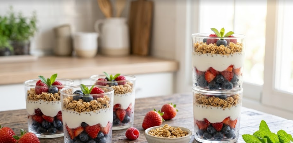 Vasitos de frutas y yogur sobre mesa de una cocina