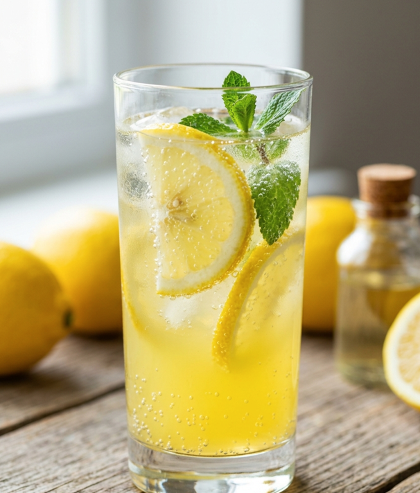 Un vaso de agua probiótica de limón con hojas de menta, varios limones amarillos y una botellita con el mismo contenido sin las rodajas de limón y hojas de menta.