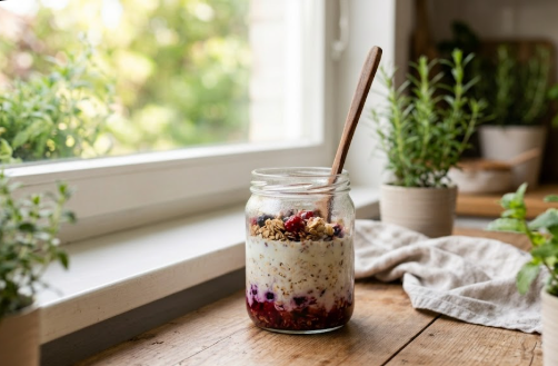 Avena nocturna con kéfir en vaso de vidrio sobre una mesa de madera