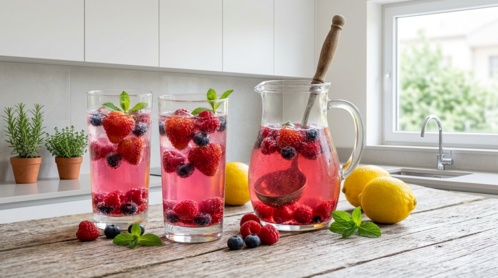 bebida tropical fermentada sobre mesa de madera con frutos rojos y limones amarillos en cocina de fondo