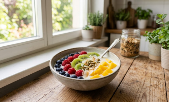 Bowl de frutas con yogur de kéfir sobre una mesa de madera