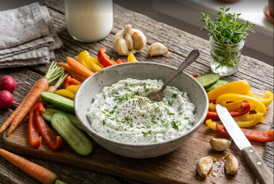 Dip probiótico para vegetales sobre una mesa de madera