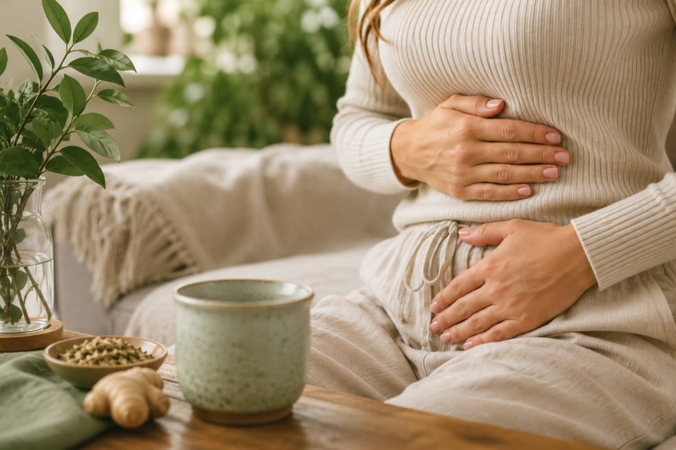 Mujer sentada con manos en el abdomen y bajo vientre porque tiene gases frecuentes