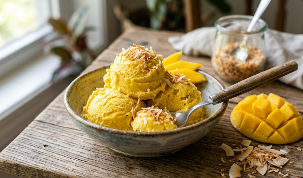 helado tropical de manco y coco con kéfir en plato con cucharilla de madera en una mesa