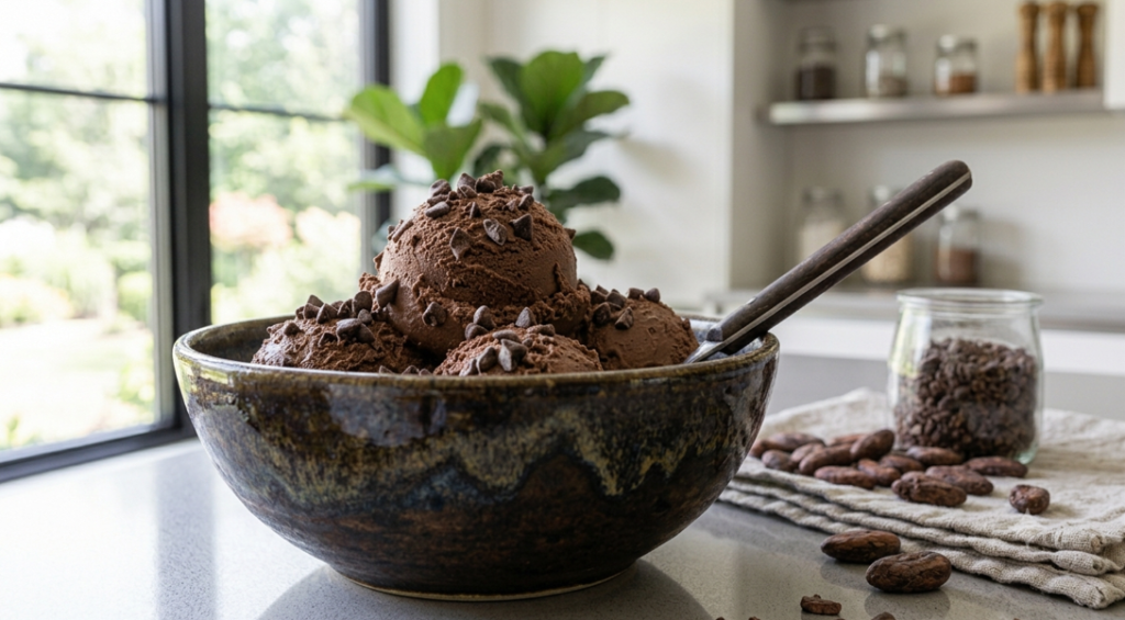 helado vivo de cacao con lluvia de chocolate en una taza sobre la mesa de una hermosa cocina