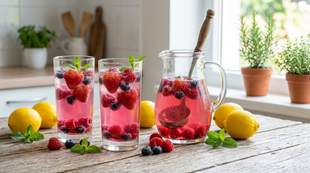 Kéfir de Agua con frutos rojos en dos vasos y una jarra de vidrio sobre mesa de madera con frutos rojos y limones amarillos en una cocina con luz clara