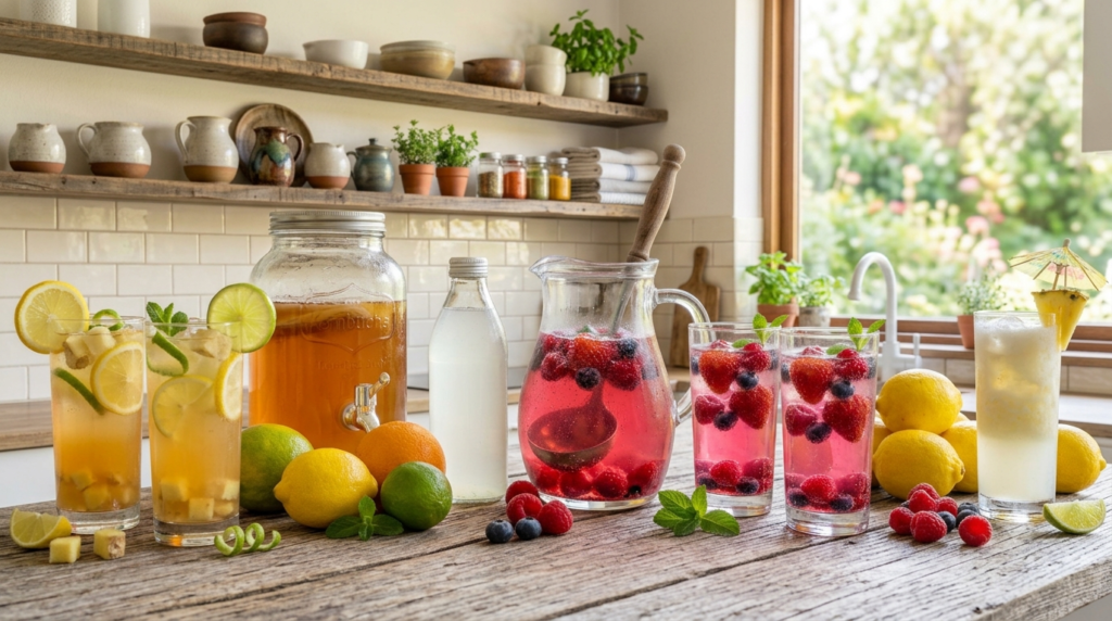 Mocktails probióticos sobre mesa de madera rústica en cocina artesanal