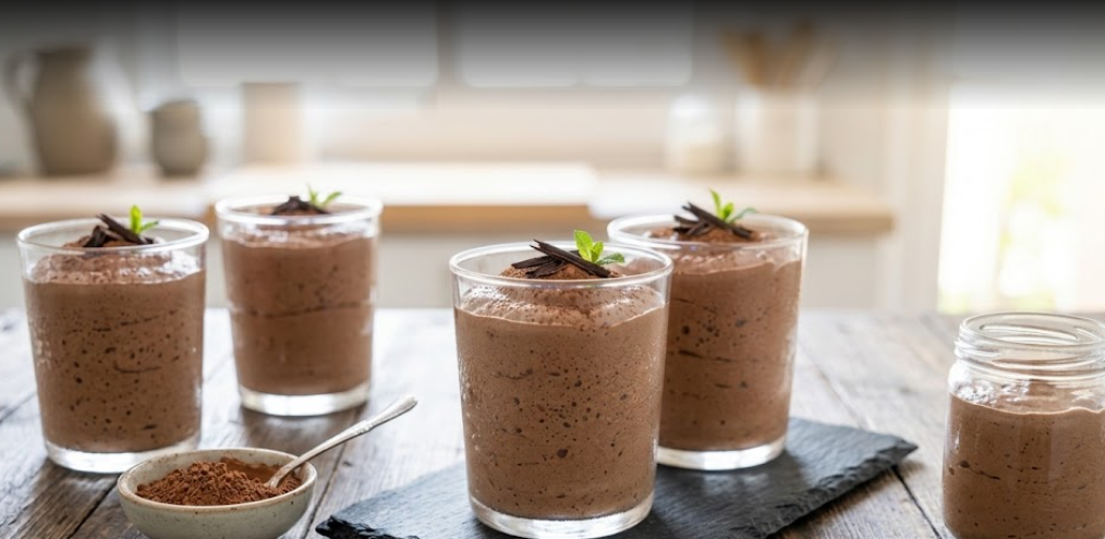 Mousse de Cacao y Kéfir en dos vasos de vidrio pequeños sobre una table negra