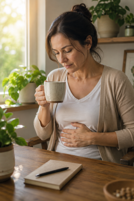 Mujer con una taza de yogur de kéfir y con una mano en el abdomen porque está infectada con helicobacter pylori